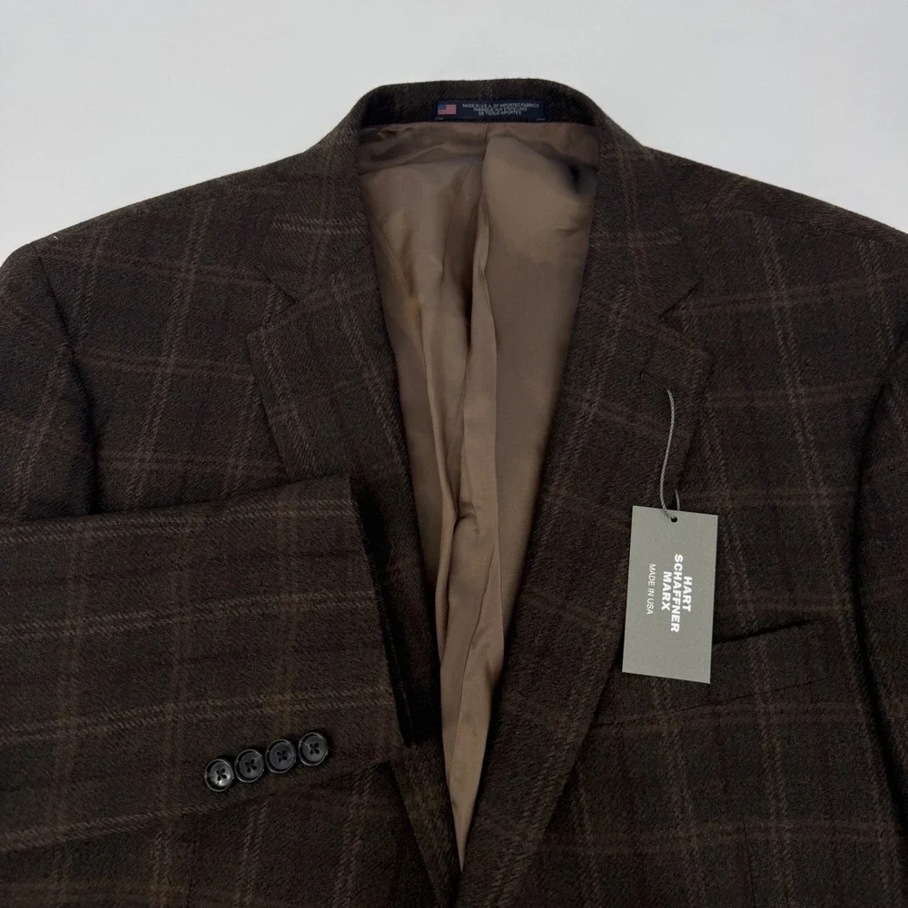 Hart Schaffner Marx Mens 46R Brown Plaid 100% Worsted Wool Blazer Sport Coat USA